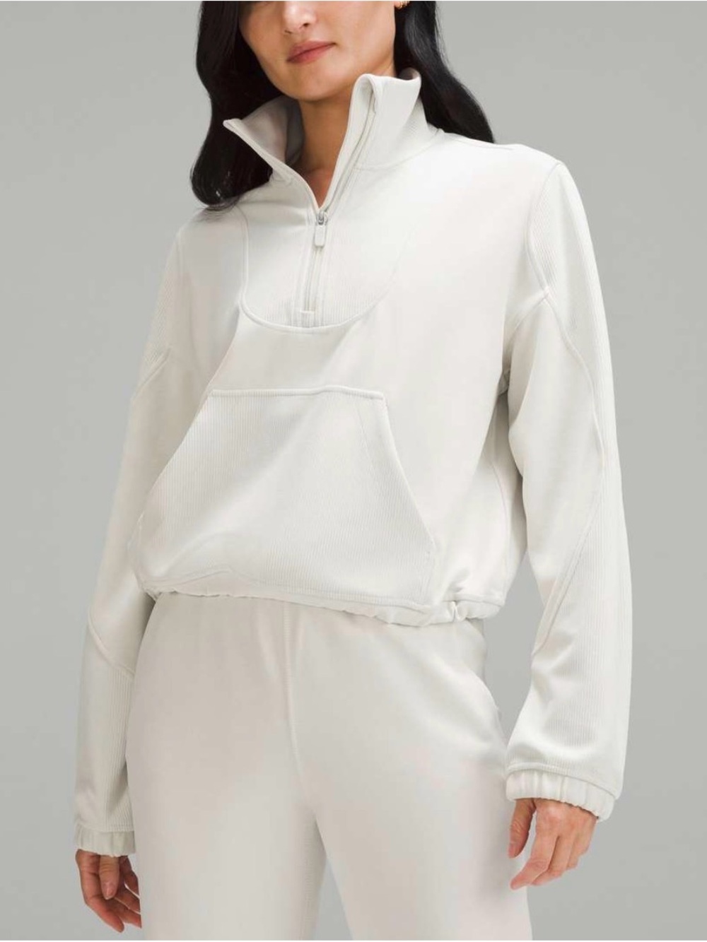 Cropped Ivory Half-Zip Pullover Sweatshirt and Matching Ribbed Pants  Set